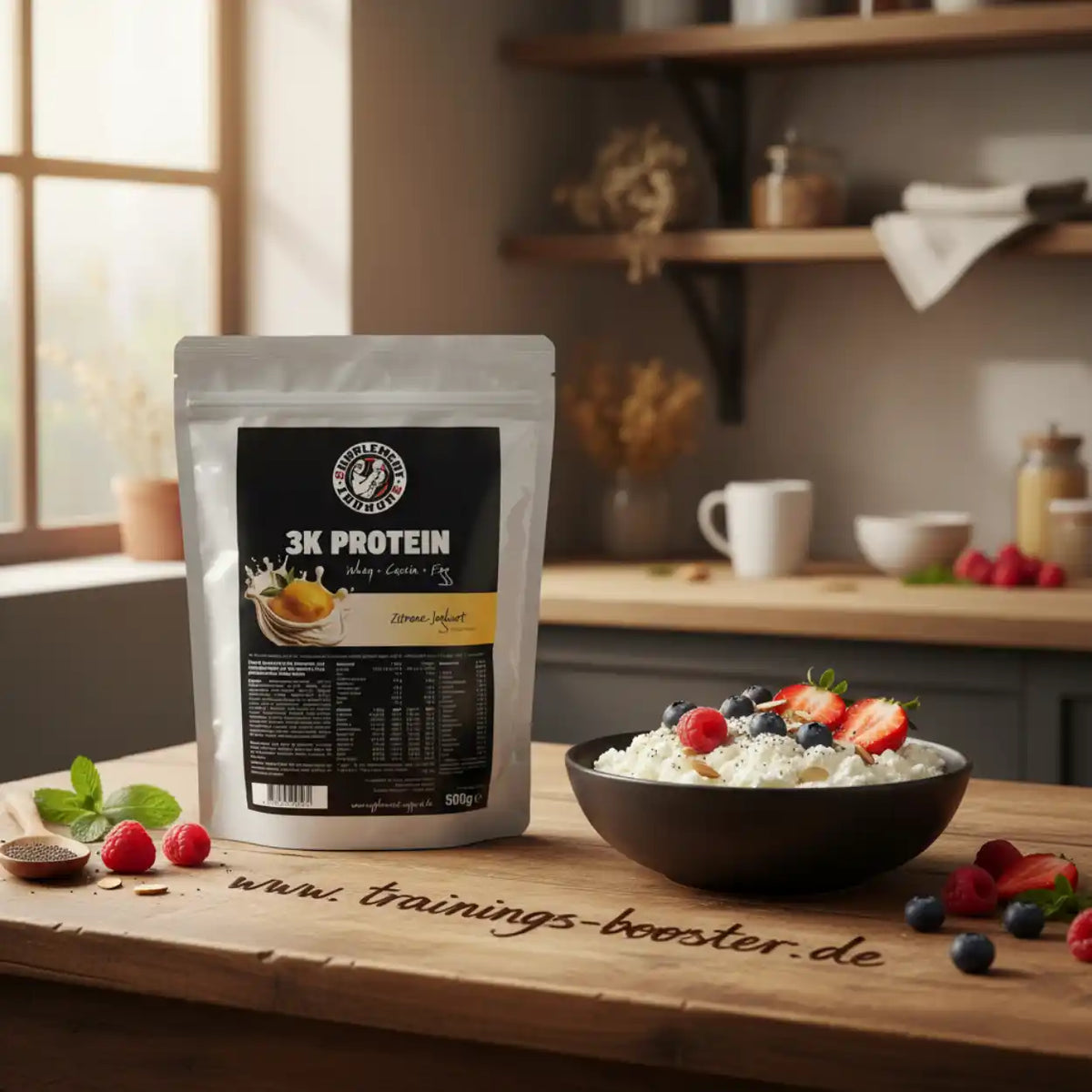 Supplement Support 3K Protein 500g Packung neben einer Bowl mit Quark und Beeren