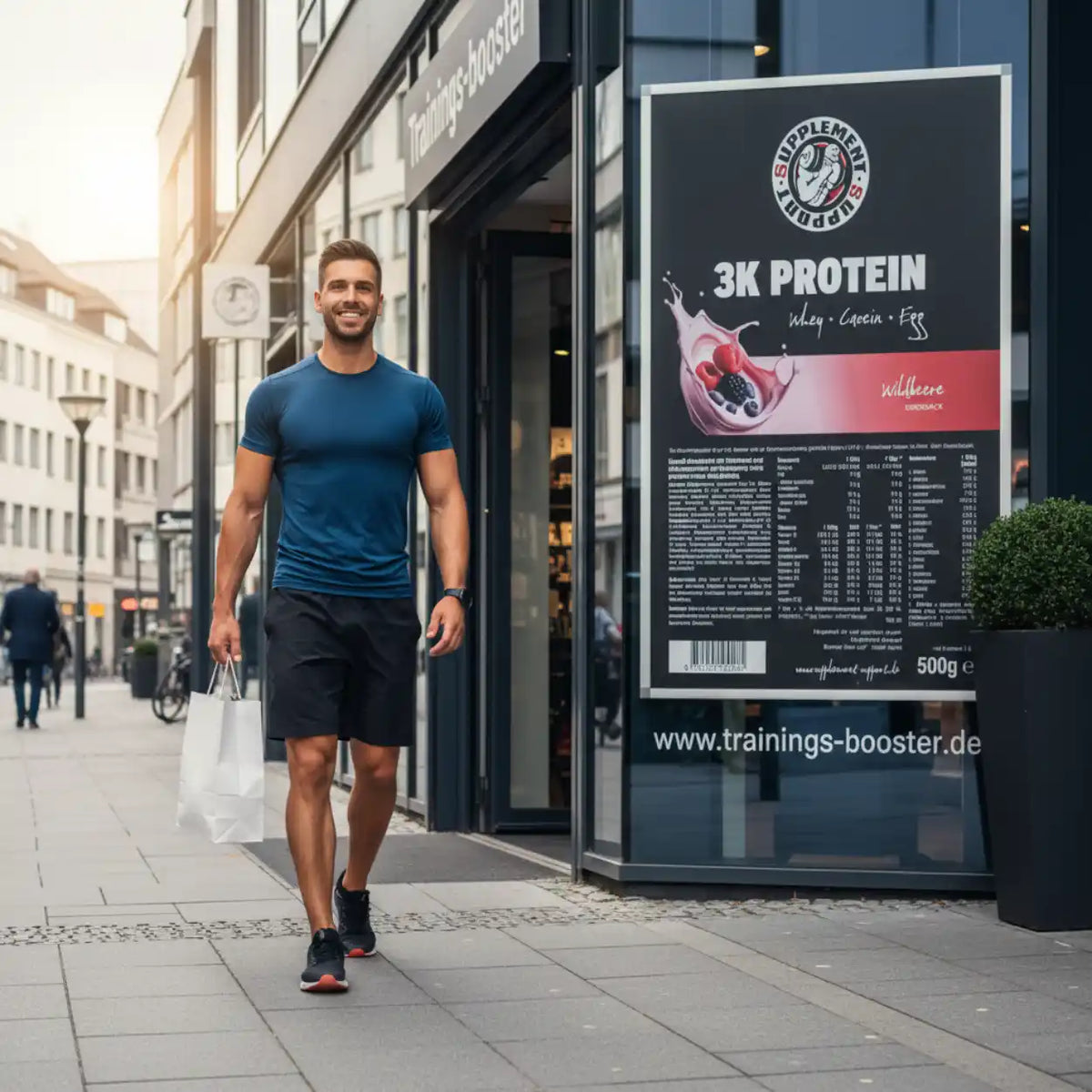 Muskulöser Mann mit Einkaufstüte vor einem Plakat für Supplement Support 3K Protein.