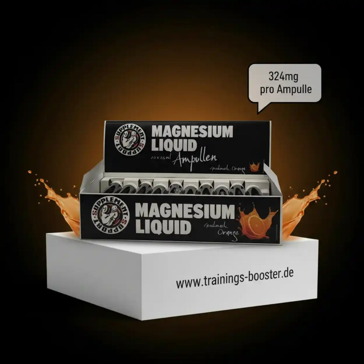 Supplement Support Magnesium Liquid Ampullen mit Orangengeschmack in einer Displaybox.