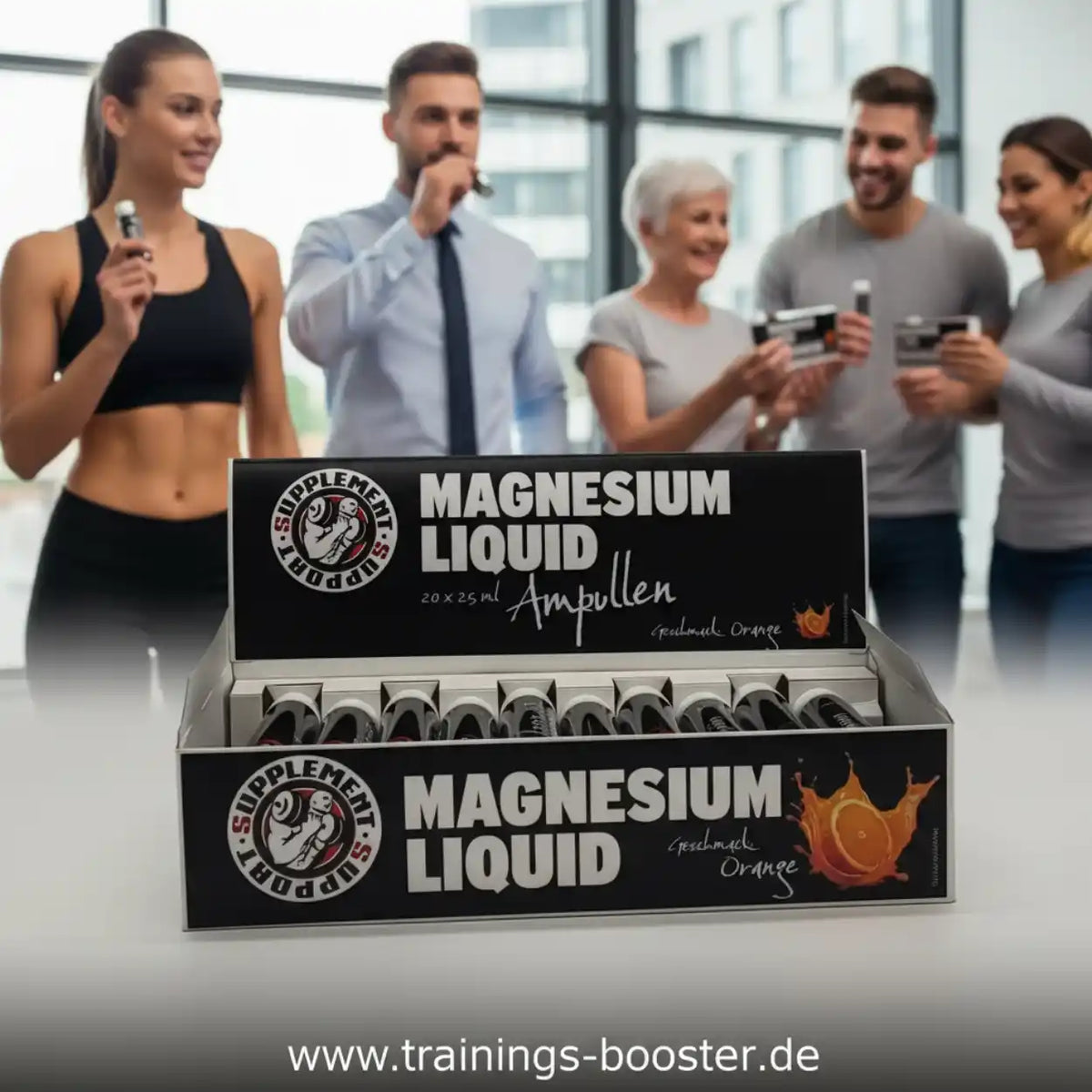 Supplement Support Magnesium Liquid Ampullen mit Orangengeschmack in einer Displaybox.