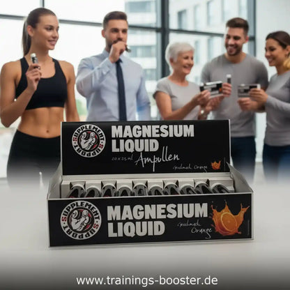 Supplement Support Magnesium Liquid Ampullen mit Orangengeschmack in einer Displaybox.