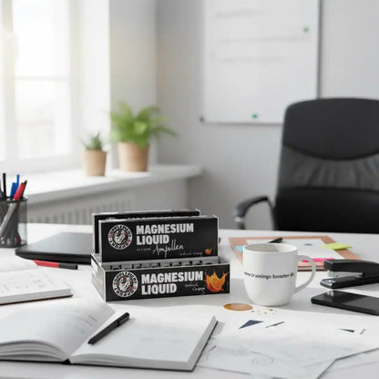 Supplement Support Magnesium Liquid Ampullen auf einem weißen Schreibtisch