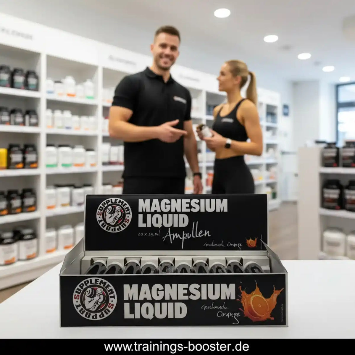 Supplement Support Magnesium Liquid Ampullen mit Orangengeschmack im Verkaufsregal