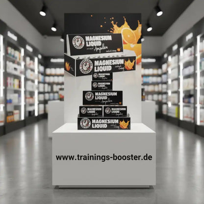 Präsentation von Supplement Support Magnesium Liquid Ampullen in einem modernen Shop-Display.