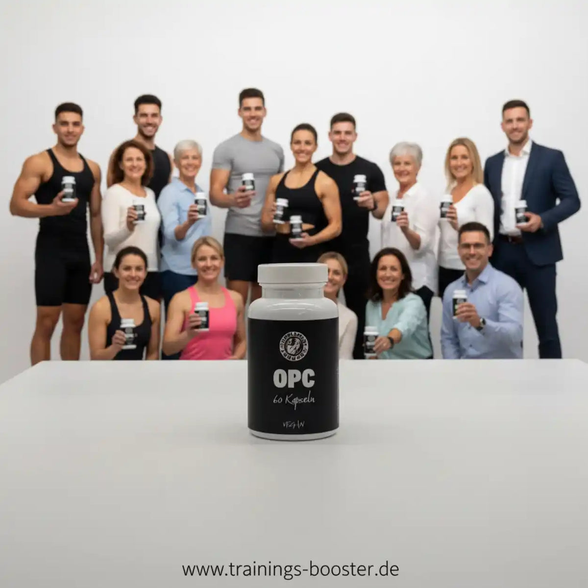 Supplement Support OPC vegane Kapseln vor einer Gruppe von fitten Menschen.