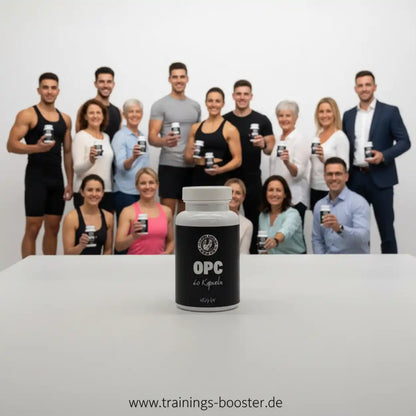 Supplement Support OPC vegane Kapseln vor einer Gruppe von fitten Menschen.