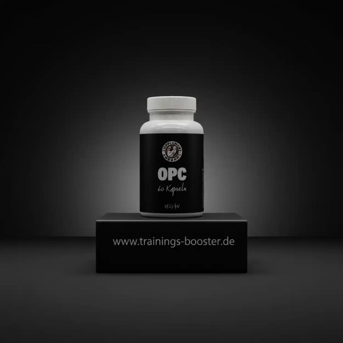 Supplement Support OPC vegane Kapseln in einer schwarzen Dose auf einem Podest.