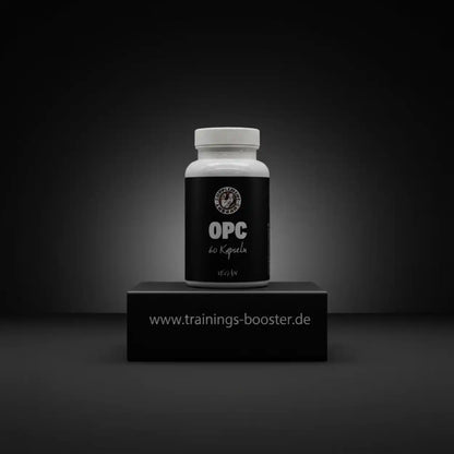 Supplement Support OPC vegane Kapseln in einer schwarzen Dose auf einem Podest.