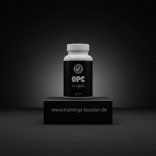 Supplement Support OPC vegane Kapseln in einer schwarzen Dose auf einem Podest.