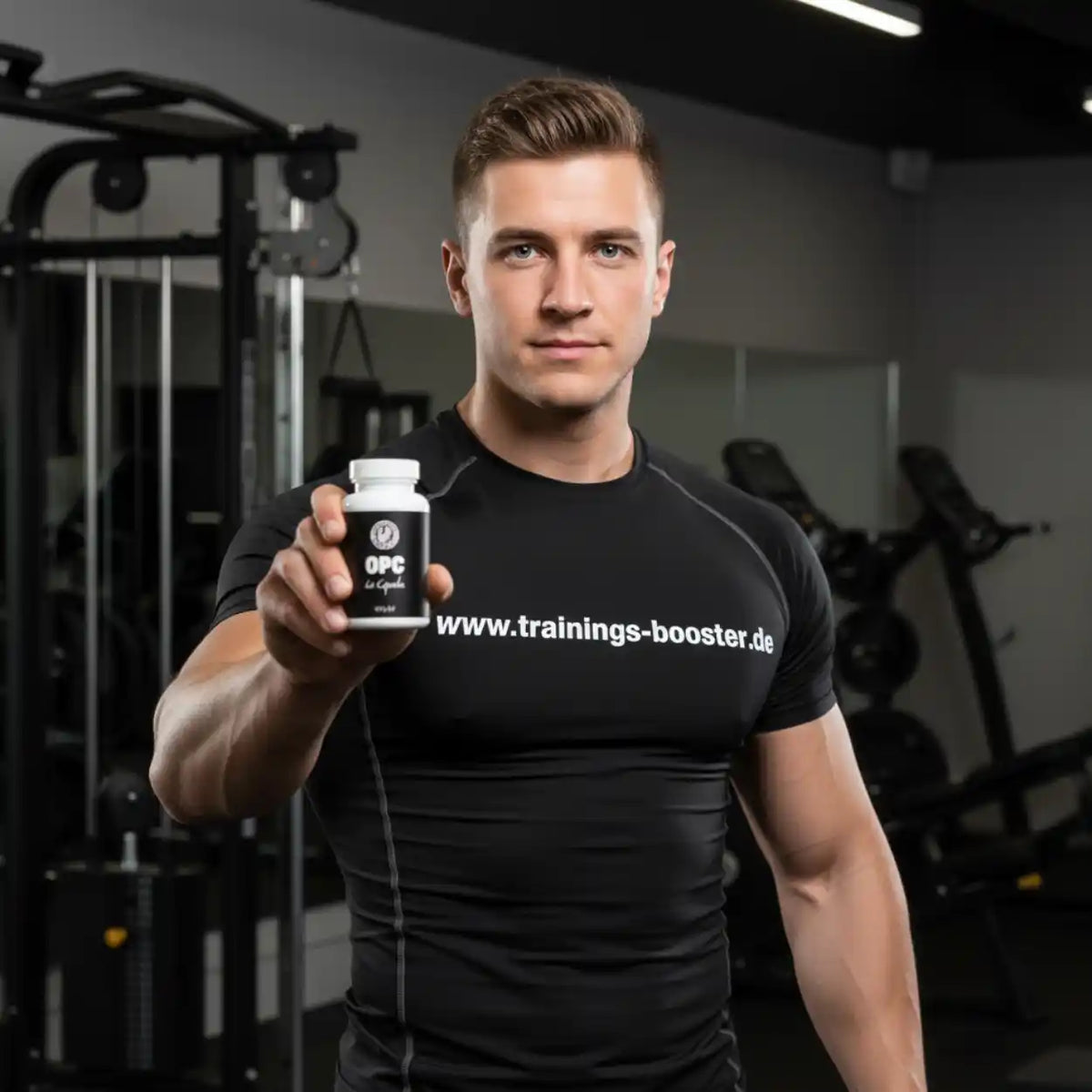 Muskulöser Mann im Fitnessstudio hält eine Dose Supplement Support OPC Kapseln in die Kamera.