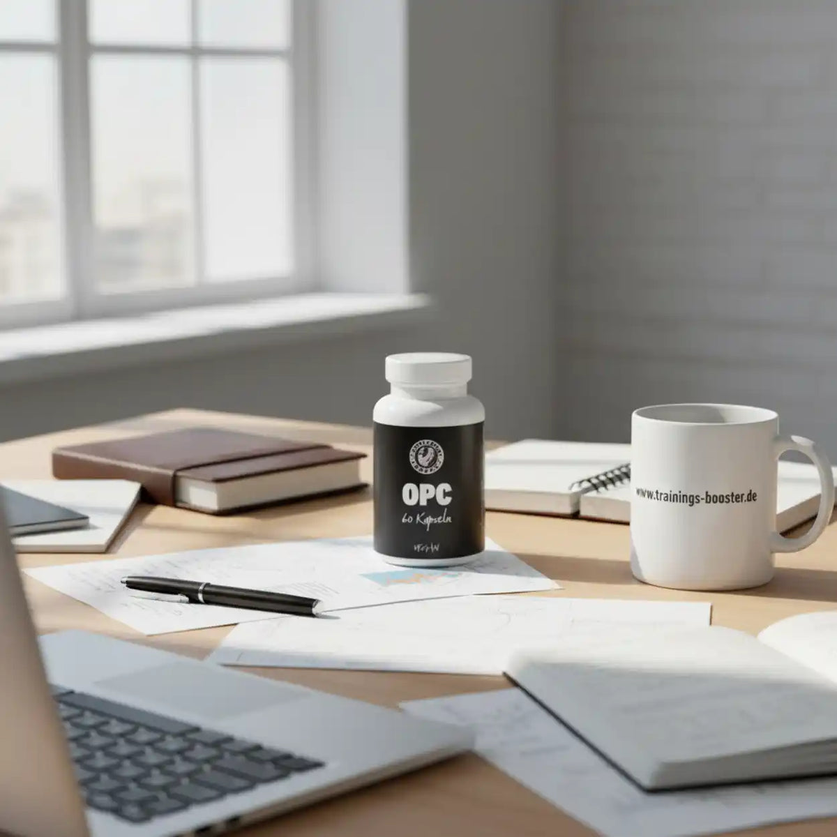 Supplement Support OPC Kapseln auf einem Schreibtisch neben einer Tasse und Notizbuch.