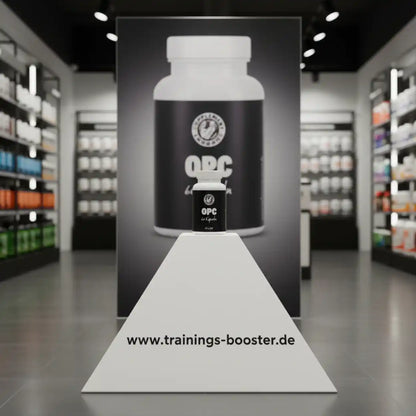 Supplement Support OPC + Resveratrol vegane Kapseln vor einem Produktplakat in einem Shop