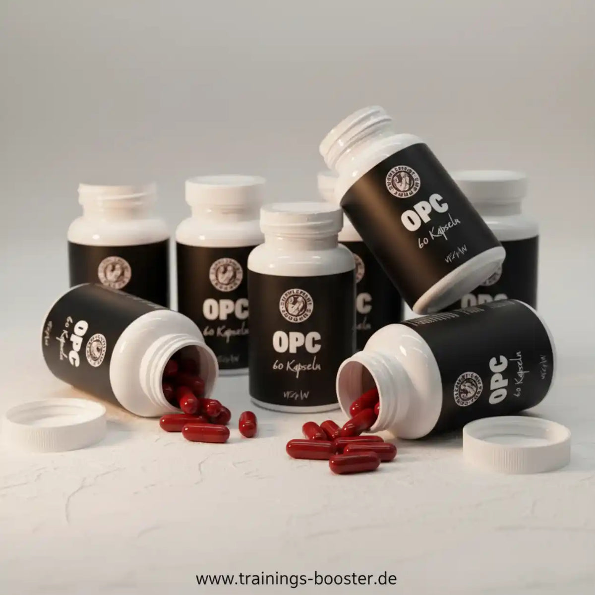 Supplement Support OPC vegane Kapseln in schwarzen Dosen mit roten Kapseln auf weißem Hintergrund