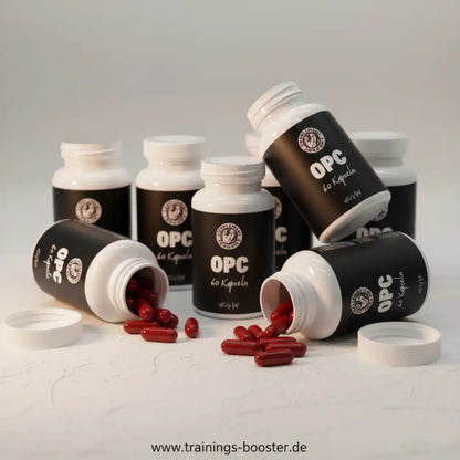 Supplement Support OPC vegane Kapseln in schwarzen Dosen mit roten Kapseln auf weißem Hintergrund