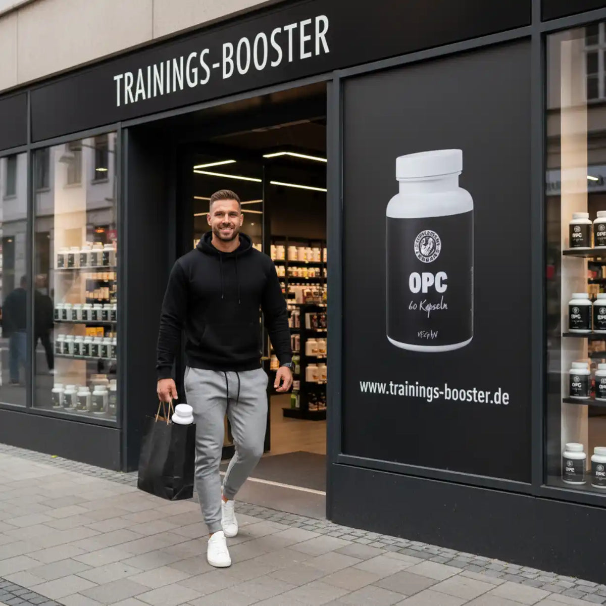Mann vor einem Trainings-Booster Store mit Supplement Support OPC Kapseln Werbung