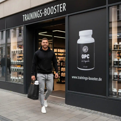 Mann vor einem Trainings-Booster Store mit Supplement Support OPC Kapseln Werbung