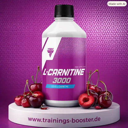 TREC NUTRITION L-Carnitine 3000 Flüssig-Nahrungsergänzungsmittel mit Kirschen auf weißem Podest.