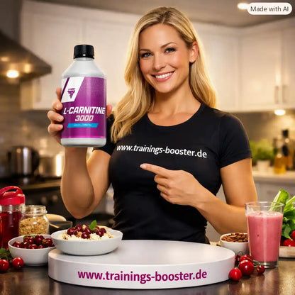 Lächelnde Frau hält eine Flasche TREC NUTRITION L-Carnitine 3000 in einer Küche.