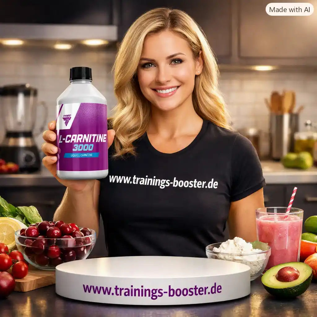 Frau hält TREC NUTRITION L-Carnitine 3000 Flasche in einer Küche mit gesunden Lebensmitteln.