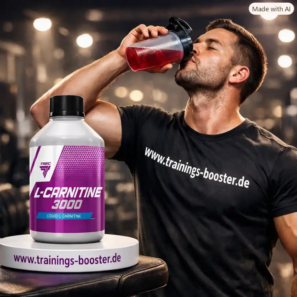 TREC NUTRITION L-Carnitine 3000 flüssig vor einem muskulösen Mann im Fitnessstudio