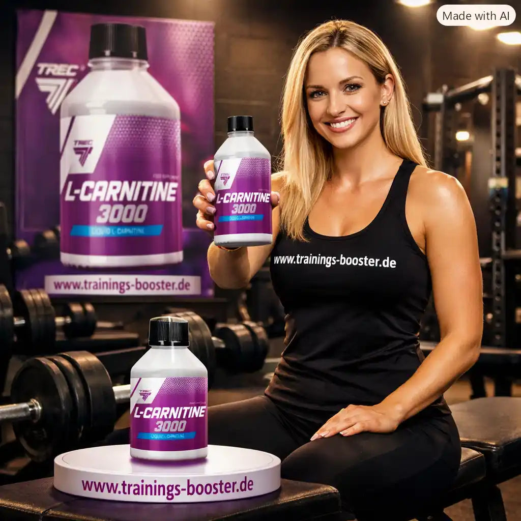 Frau präsentiert TREC NUTRITION L-Carnitine 3000 im Fitnessstudio.