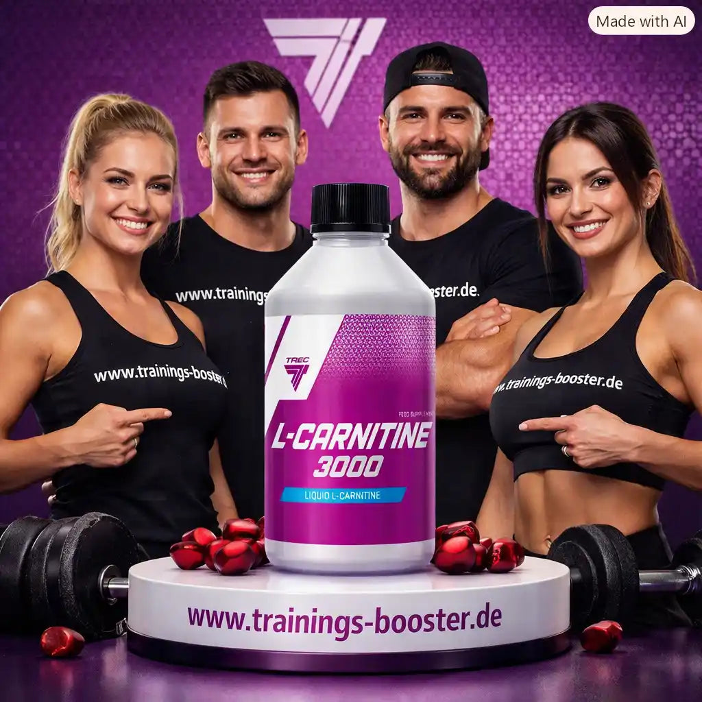 TREC NUTRITION L-Carnitine 3000 flüssiges Nahrungsergänzungsmittel mit vier Fitness-Modellen.