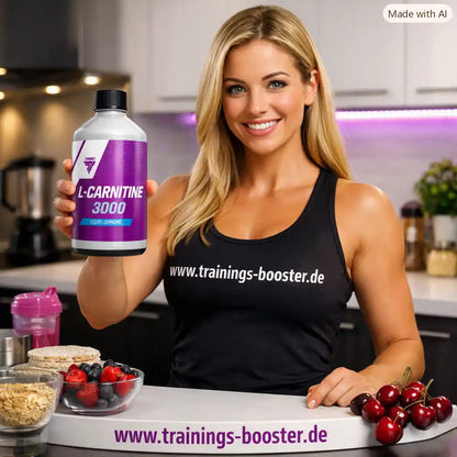 Lächelnde Frau hält eine Flasche TREC NUTRITION L-Carnitine 3000 in einer Küche.