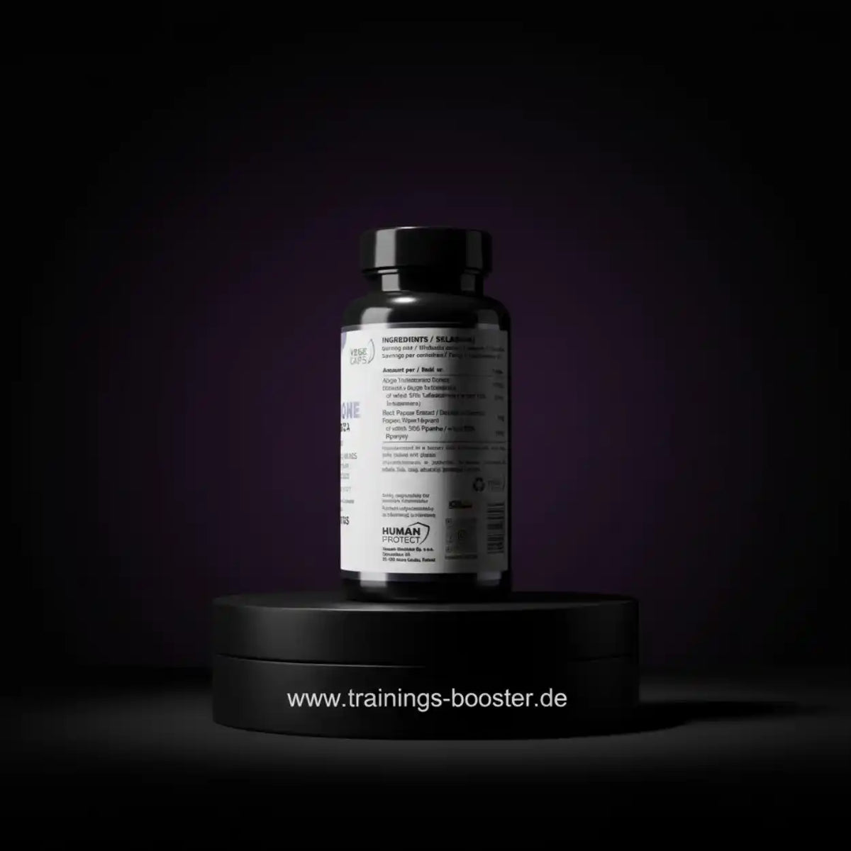 Nahrungsergänzungsmittel in schwarzer Flasche mit Zutatenliste, ideal für Sportler und Fitness-Enthusiasten