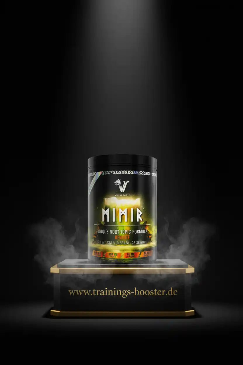 Mimir Nootropik-Booster in Orange-Geschmack auf Podest mit Raucheffekt – ideal für Training und Fokus