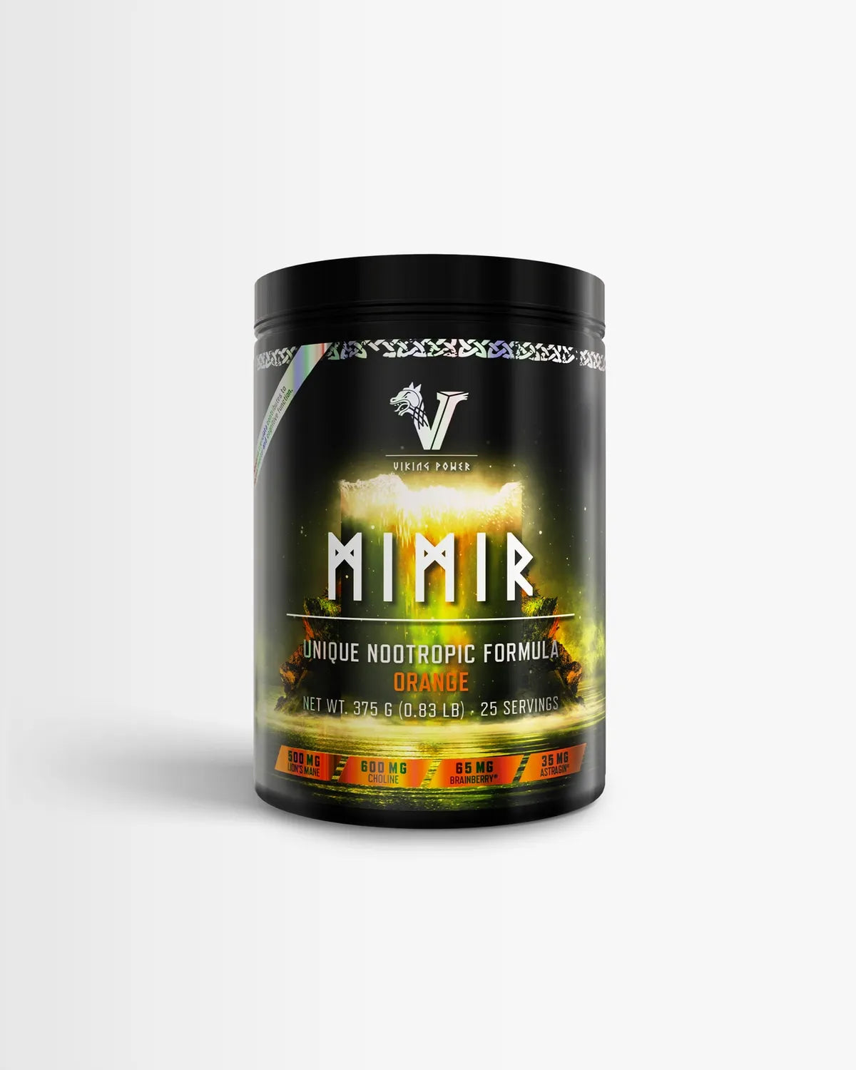 Mimir Nootropik-Booster in Orange-Geschmack, 375g Dose mit Viking Power Logo, für mentale Leistung und Fokus