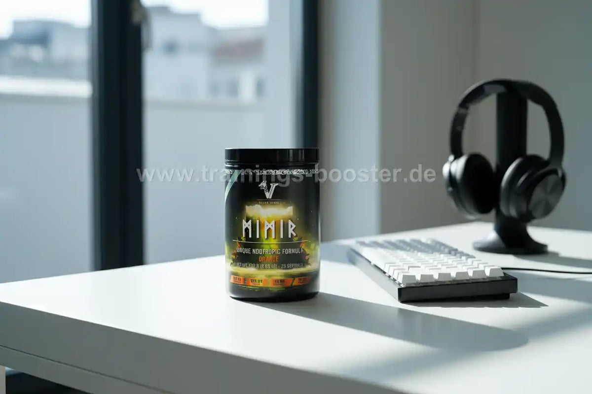 Mimir Nootropik-Formel Dose auf Schreibtisch mit Tastatur und Kopfhörern, ideal für Fokus & Training
