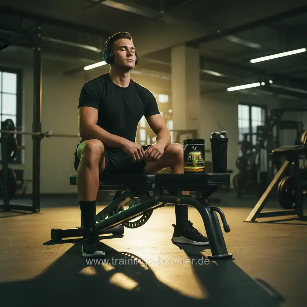 Muskulöser Mann im Fitnessstudio mit Sportnahrung und Shaker, entspannt auf Bank sitzend