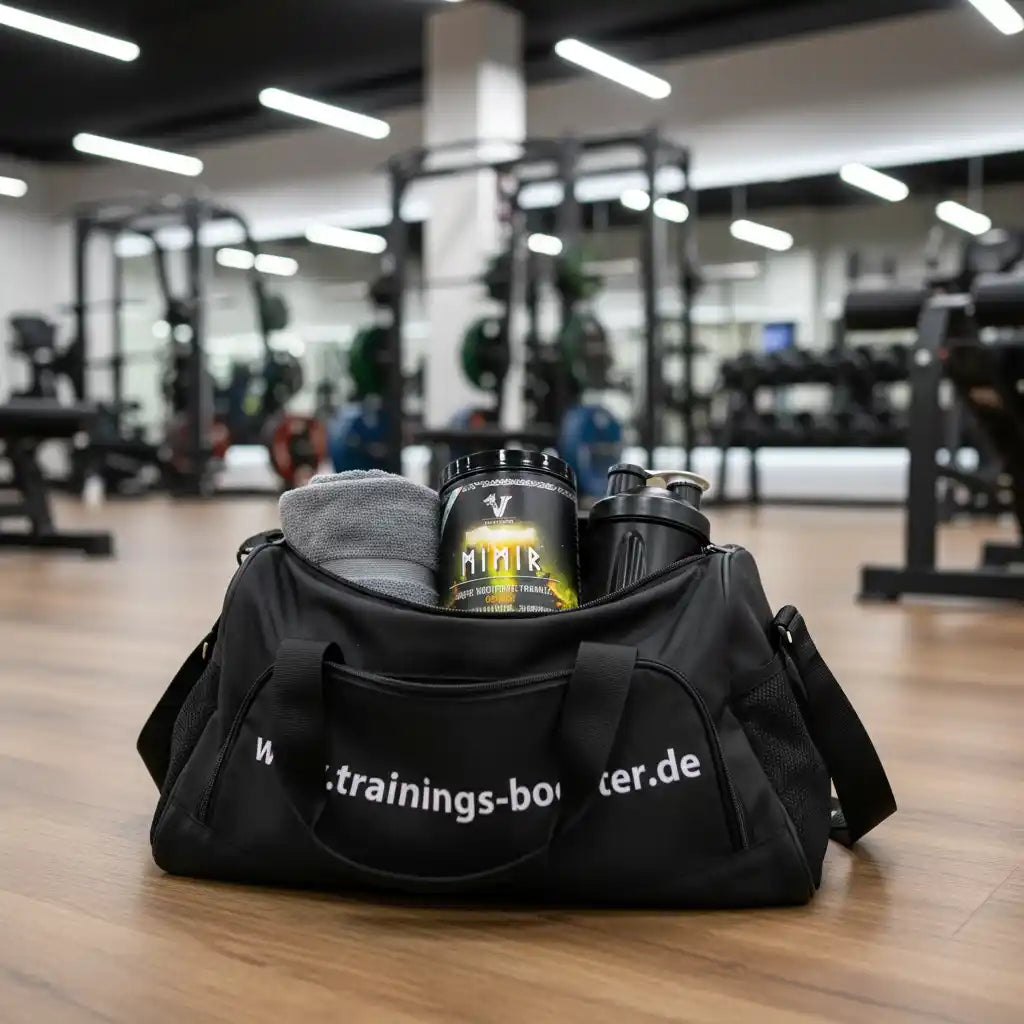 Schwarze Sporttasche mit Trainingsbooster-Produkten im Fitnessstudio