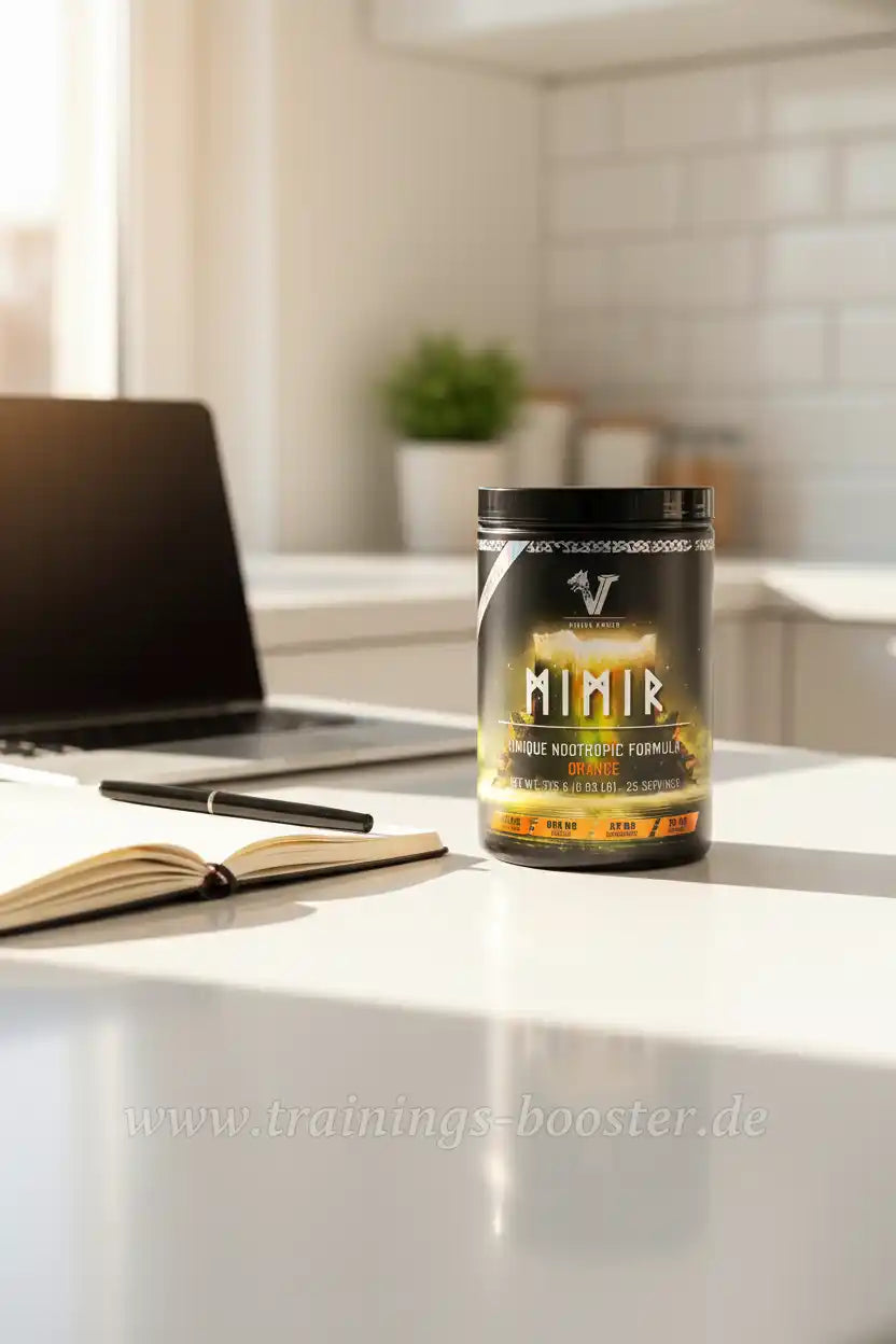 Mimir Nootropik-Booster Orange auf weißem Tisch neben Laptop und Notizbuch, ideal für Training und Fokus