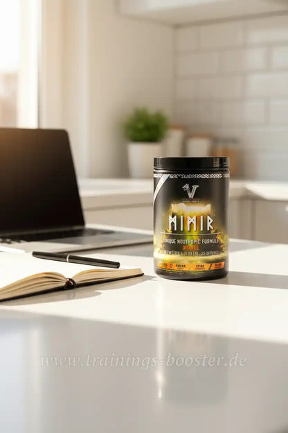 Mimir Nootropik-Booster Orange auf weißem Tisch neben Laptop und Notizbuch, ideal für Training und Fokus