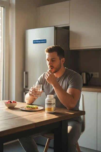 Mann nimmt B-Complex Kapsel mit Wasser ein, gesunde Ernährung mit Avocado und Beeren im Küchenambiente