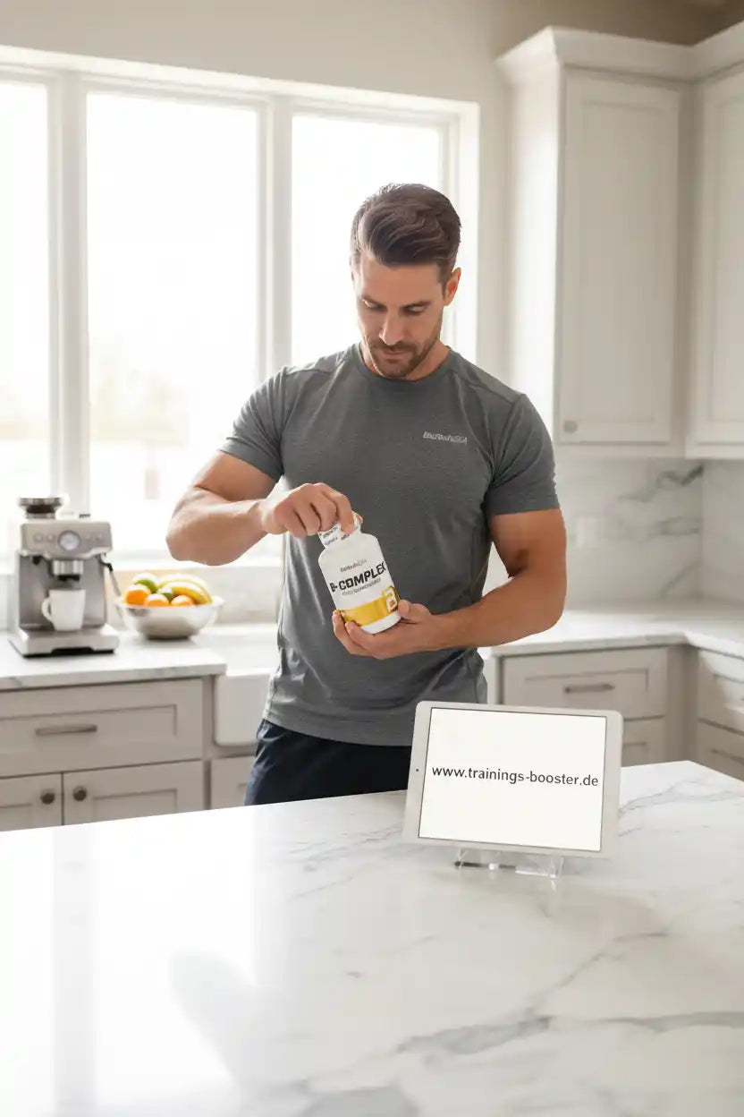 Mann öffnet B-Complex Nahrungsergänzungsmittel in moderner Küche – ideal für Sportler und Fitness-Enthusiasten