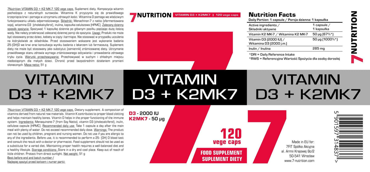 Vitamin D3 + K2MK7 Nahrungsergänzung mit 120 vegetarischen Kapseln für Immunsystem und Knochengesundheit