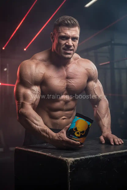 Muskulöser Athlet mit Trainingsbooster-Produkt im Fitnessstudio, ideal für Krafttraining und Muskelaufbau
