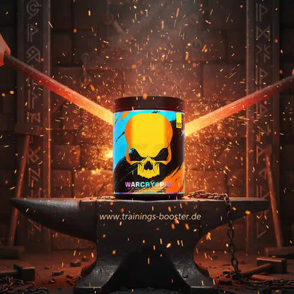 Warcry Pre-Workout Booster mit Schädel-Design auf Amboss, ideal für intensives Training