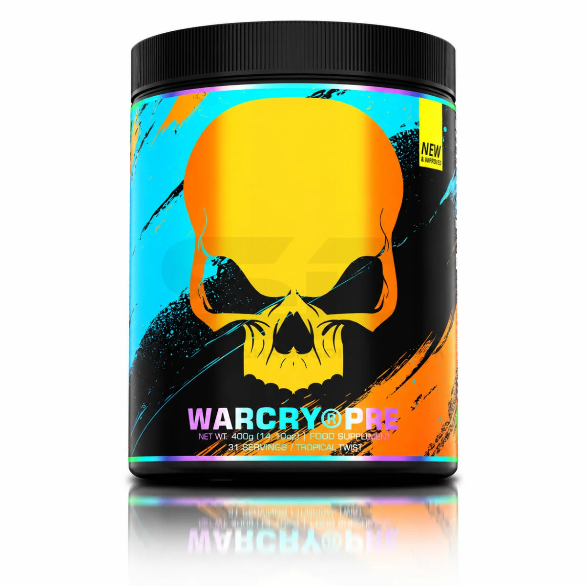 Warcry Pre-Workout Booster mit tropischem Geschmack und auffälligem Schädel-Design