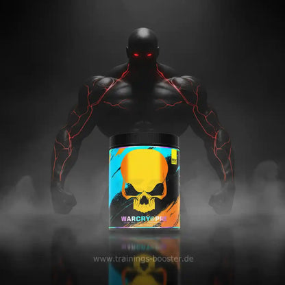 Warcry Pre-Workout Booster mit Schädel-Design und muskulösem Hintergrund
