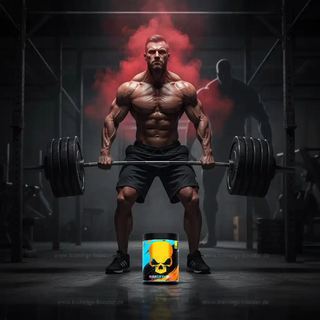Muskulöser Athlet mit Hantel und Trainingsbooster im Fitnessstudio – Krafttraining & Muskelaufbau