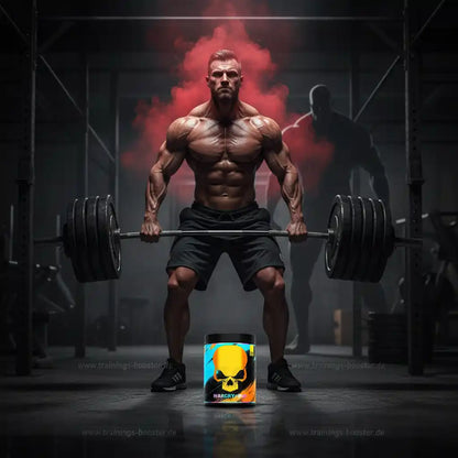 Muskulöser Athlet mit Hantel und Trainingsbooster im Fitnessstudio – Krafttraining & Muskelaufbau