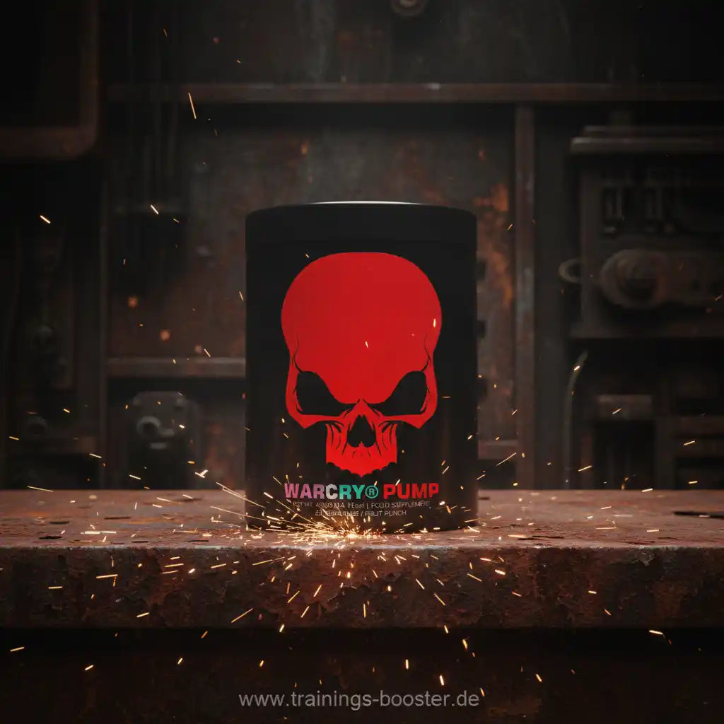 Warcry Pump Booster mit rotem Totenkopf auf schwarzem Behälter, Funken im Industrie-Look
