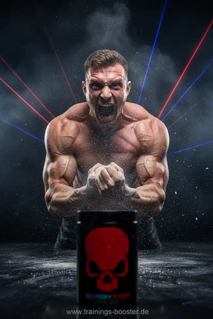 Muskulöser Athlet mit Booster-Dose, rotem Totenkopf und Laserlichtern – Kraft & Energie fürs Training