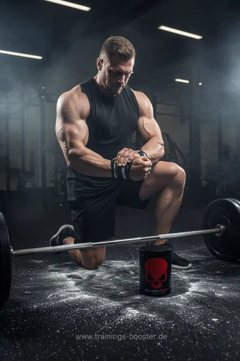 Muskulöser Athlet mit Trainingsbooster-Dose im Fitnessstudio, bereit für Krafttraining mit Hantel