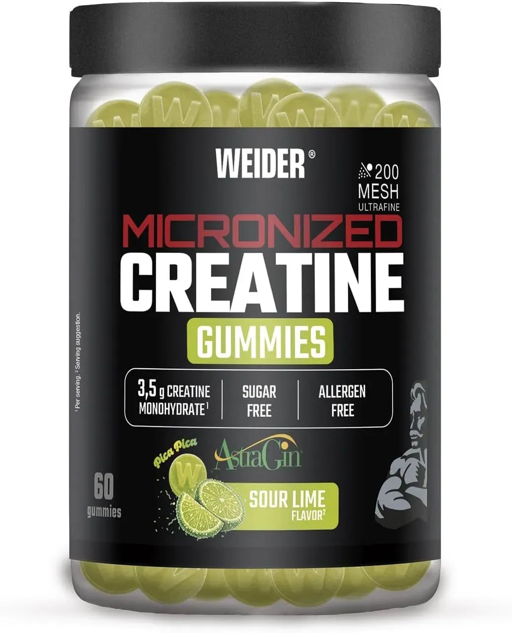 Weider Micronized Creatine Gummies mit Sour Lime Flavor, 60 Stück, zuckerfrei.