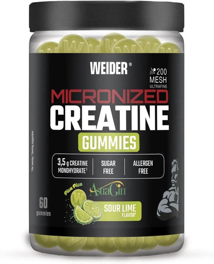 Weider Micronized Creatine Gummies mit Sour Lime Flavor, 60 Stück, zuckerfrei.