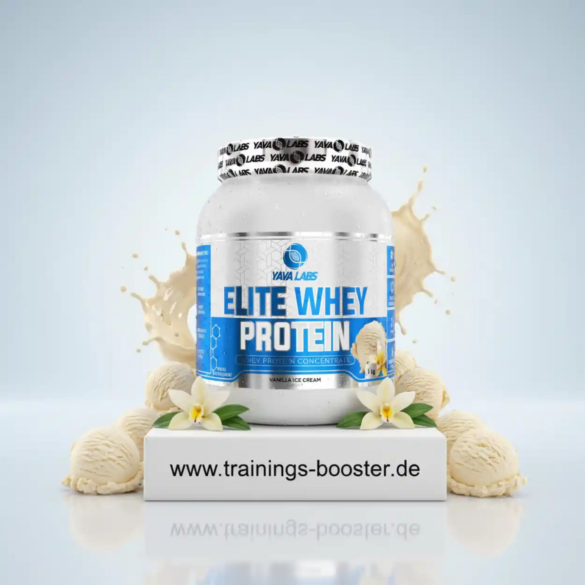 Elite Whey Protein Vanille-Eiscreme von Yaya Labs, umgeben von Vanilleschoten und Eiscreme-Kugeln